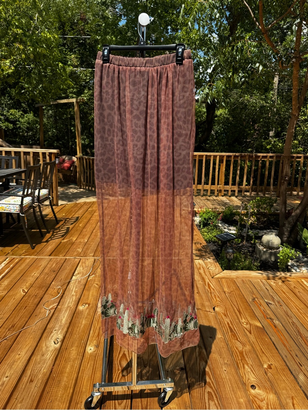 L&B Sheer Rust Maxi Skirt with Embroidered Floral Hem